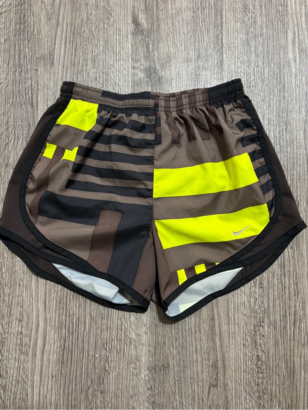 Nike Dri-FIT Girls Swim Shorts XS Brown Neon Yellow Lined Athletic Beach Pool